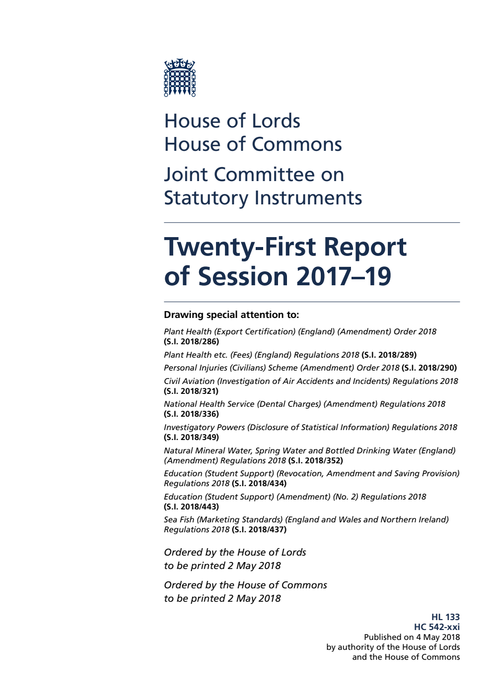 Statutory Instruments Joint Committee 21st Report of Session 2017–19