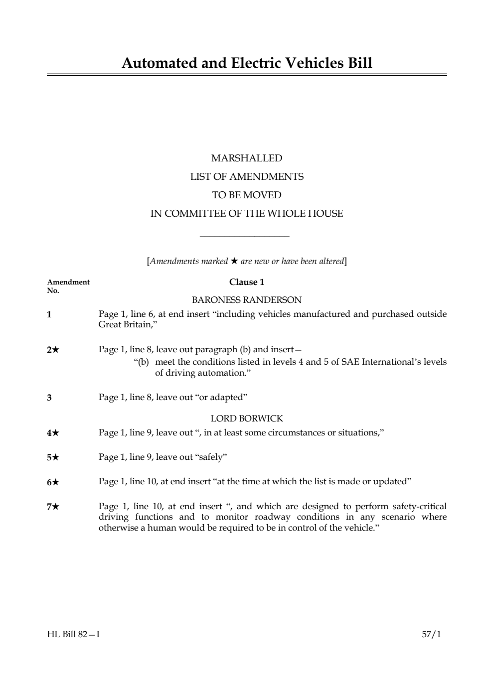 Automated and Electric Vehicles Bill Lords Amendments Marshalled list of amendments to be moved in Committee of the Whole House