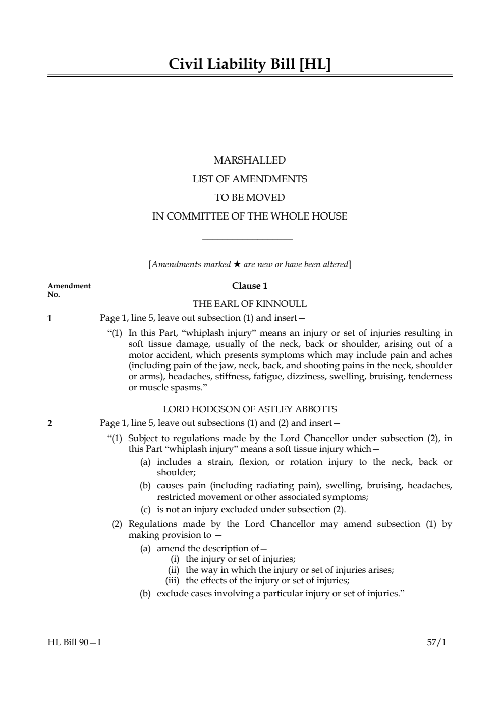 Civil Liability Bill Lords Marshalled List of Amendments to be moved in Committee of the Whole House