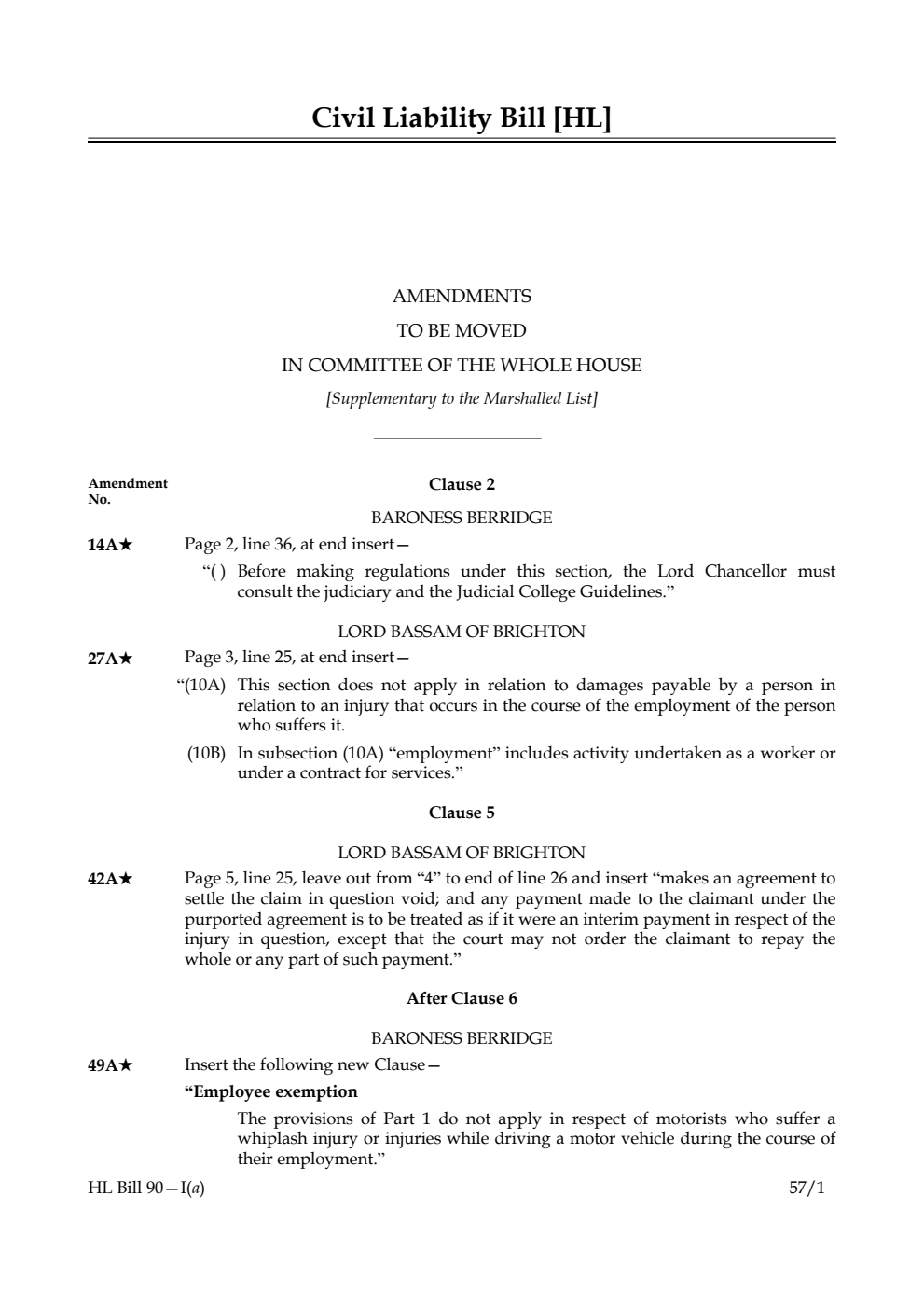 Civil Liability Bill Amendments to be moved in Committee of the Whole House [Supplementary to the Marshalled List]