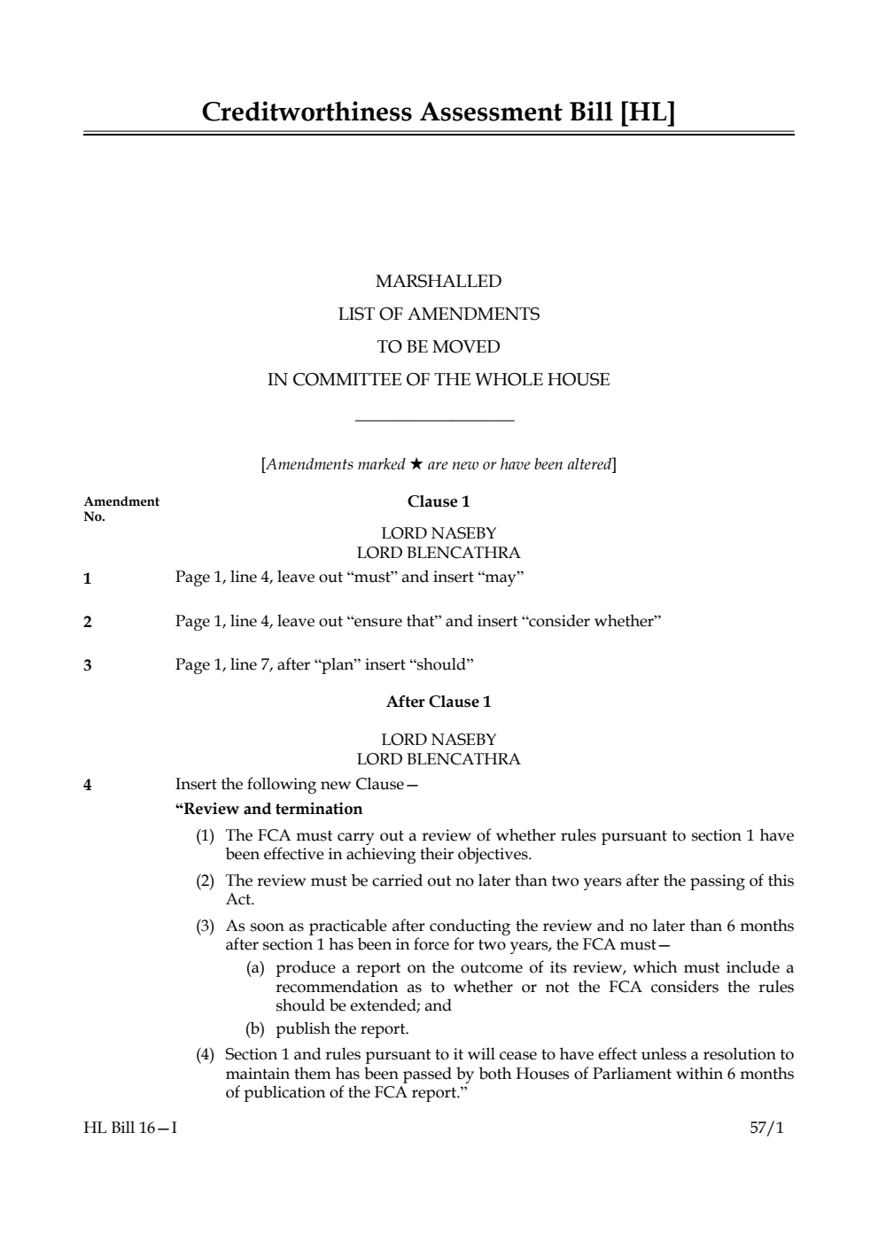 Creditworthiness Assessment Bill Marshalled list of amendments to be moved in Committee of the Whole House