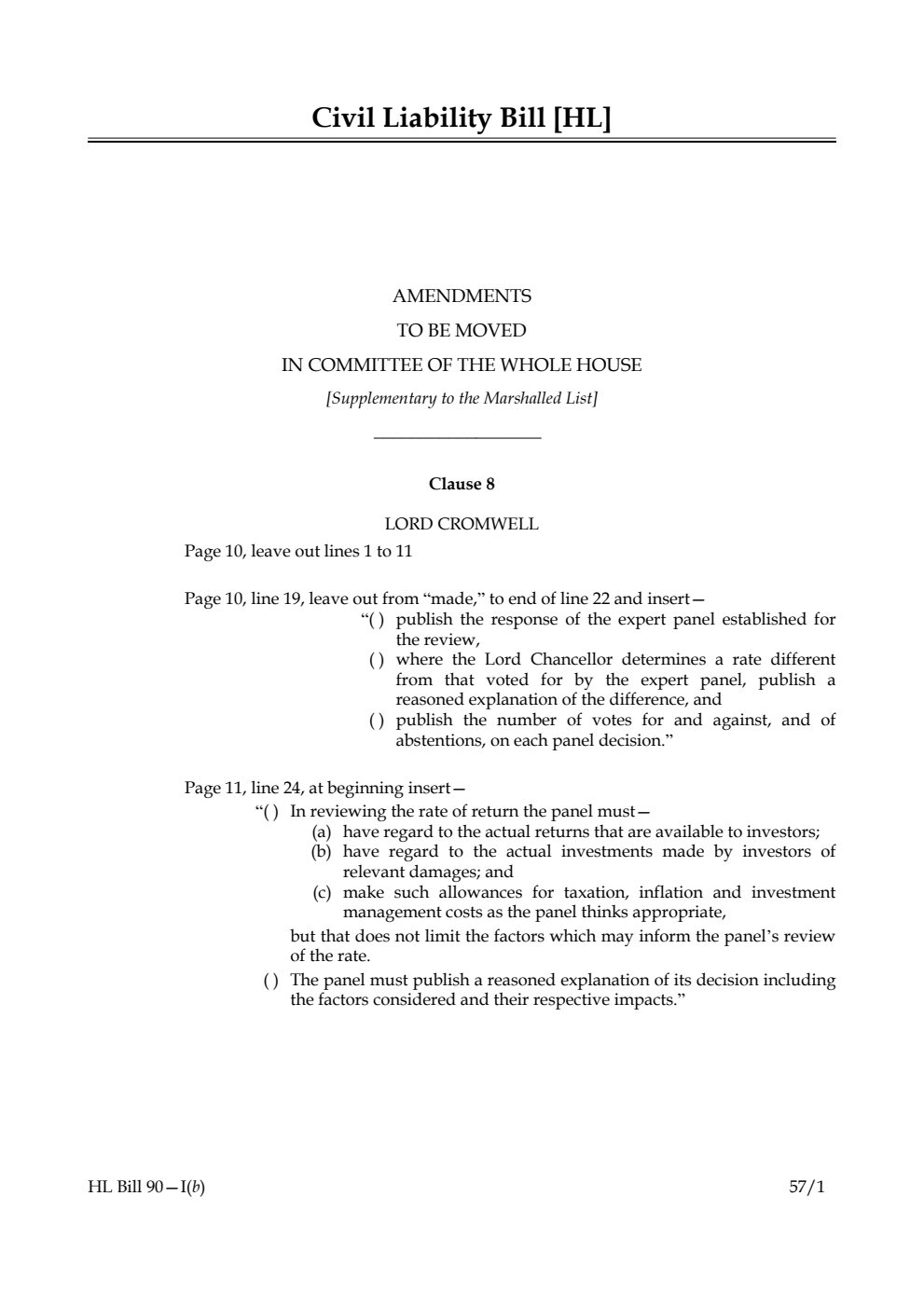 Civil Liability Bill Amendments to be moved in Committee of the Whole House [Supplementary to the Marshalled List]
