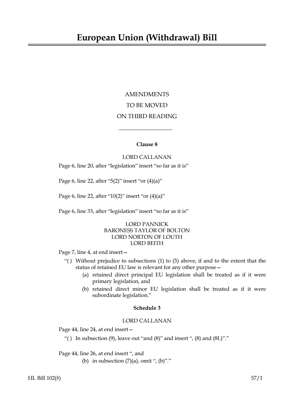 European Union (Withdrawal) Bill Amendments to be moved on third reading