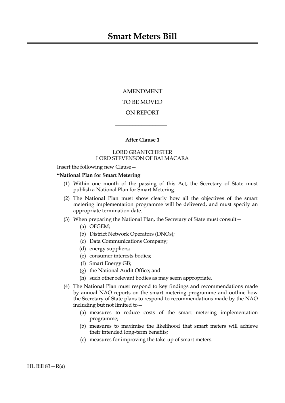 Smart Meters Bill Amendment to be moved on report