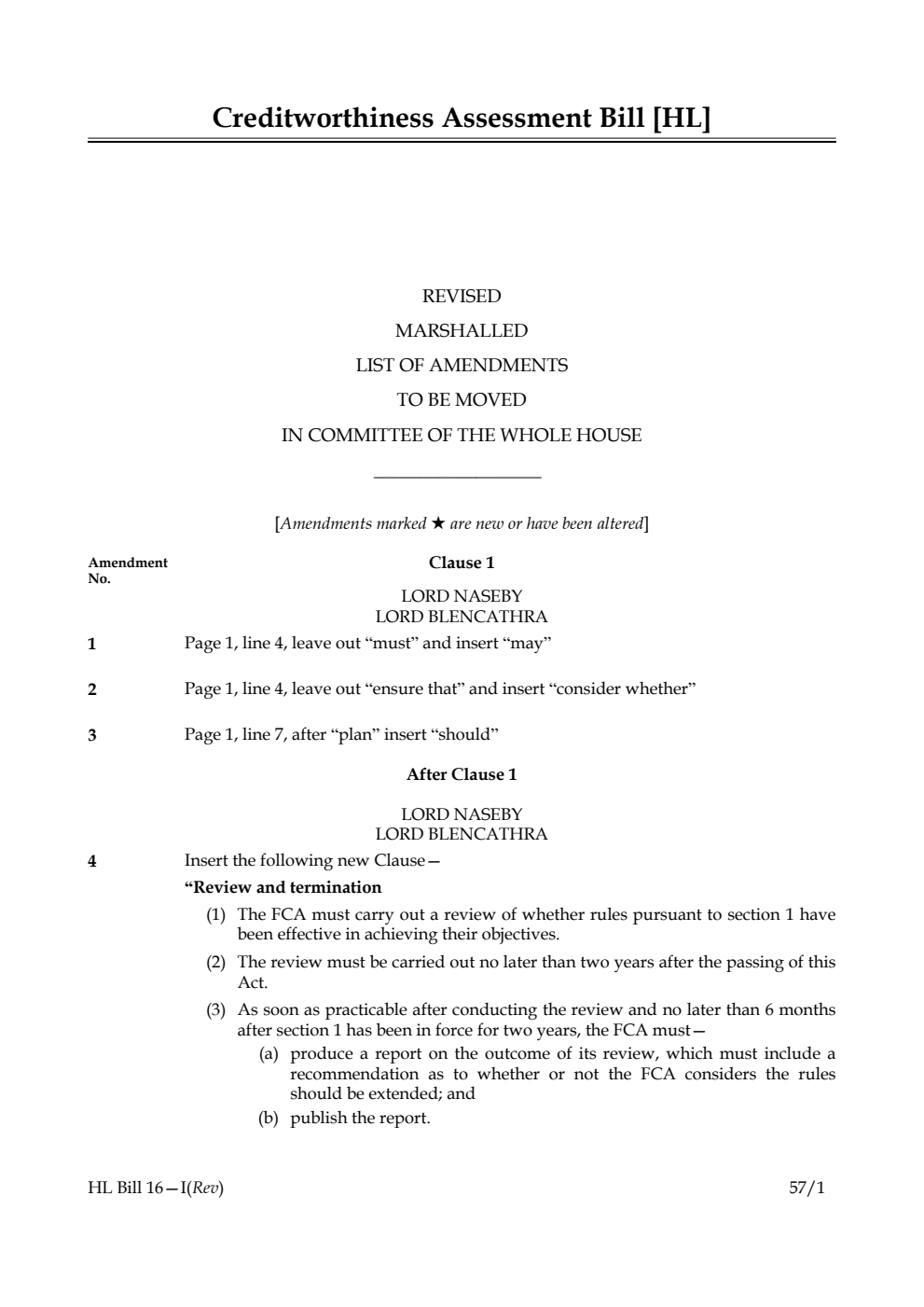 Creditworthiness Assessment Bill Revised Marshalled list of amendments to be moved in Committee of the Whole House