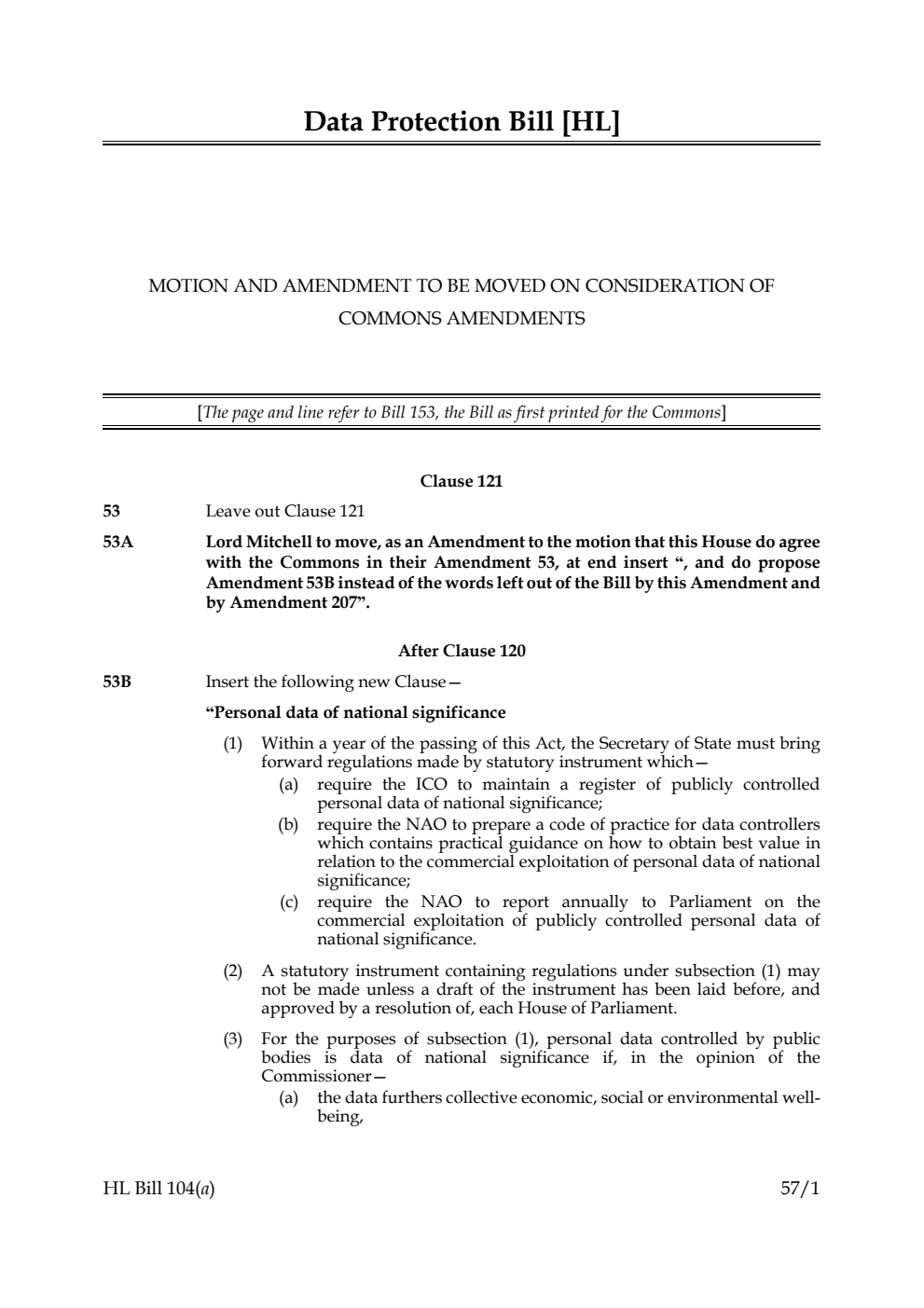 Data Protection Bill Motion and Amendment to be moved on consideration of Commons Amendments