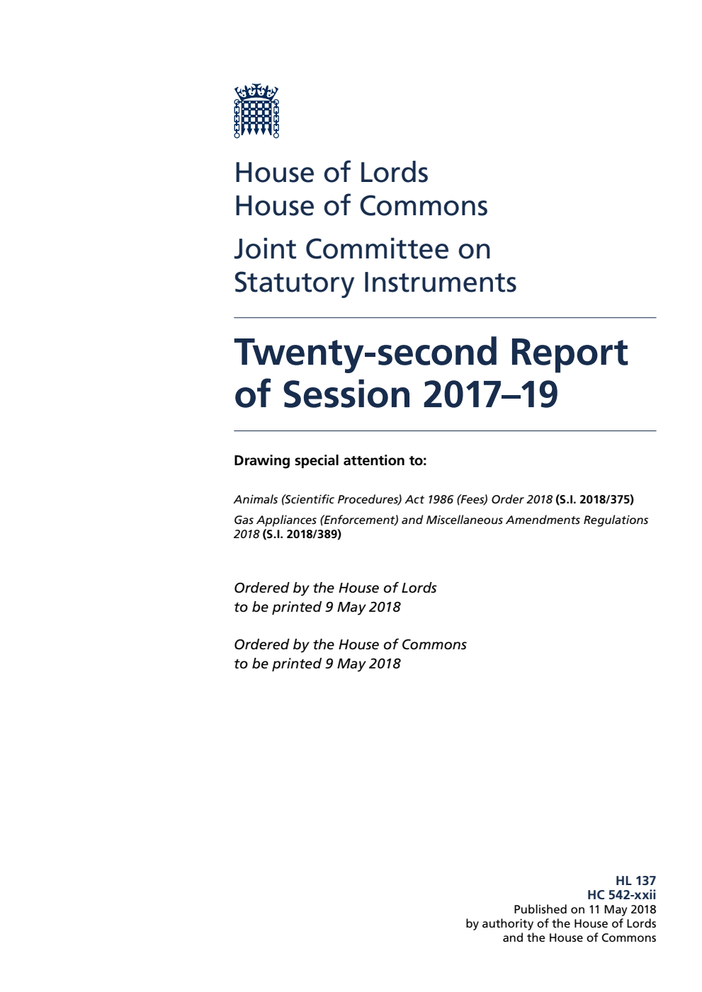 Statutory Instruments Joint Committee 22nd Report of Session 2017–19