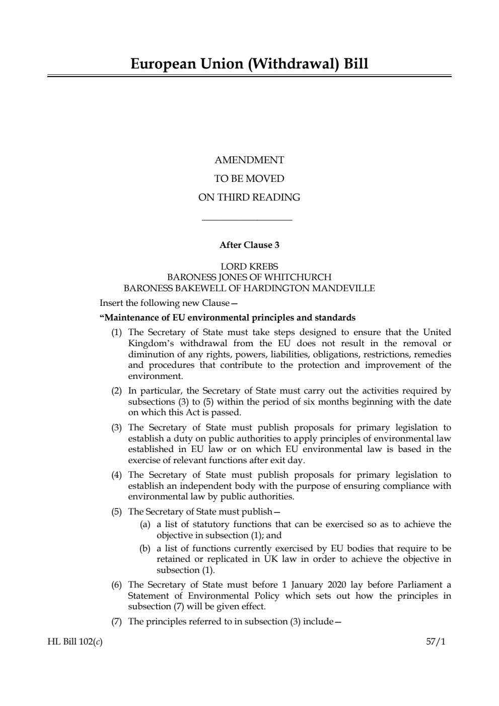 European Union (Withdrawal) Bill Amendments to be moved on third reading