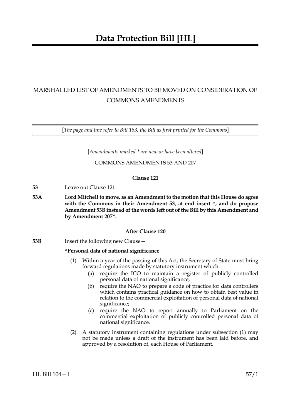 Data Protection Bill Marshalled list of amendments to be moved on consideration of Commons Amendments