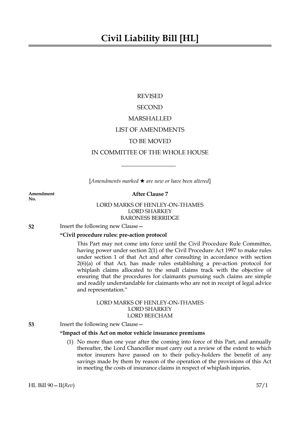 Civil Liability Bill Revised 2nd Marshalled list of amendments to be moved in Committee of the Whole House