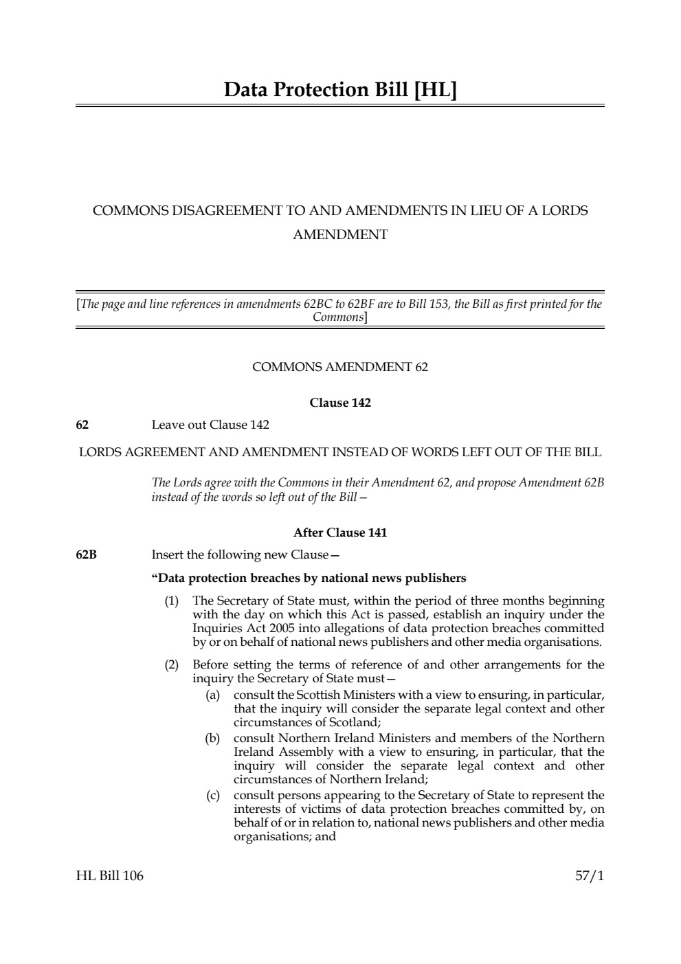 Data Protection Bill Commons disagreement to and amendments in lieu of a Lords amendment