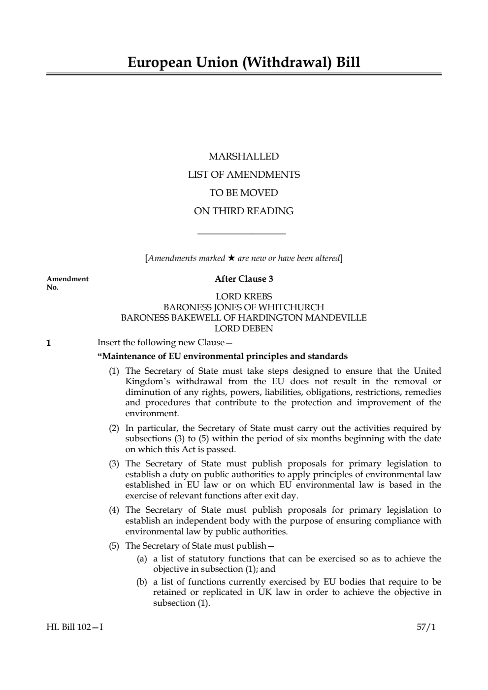 European Union (Withdrawal) Bill Marshalled list of amendments to be moved on third reading