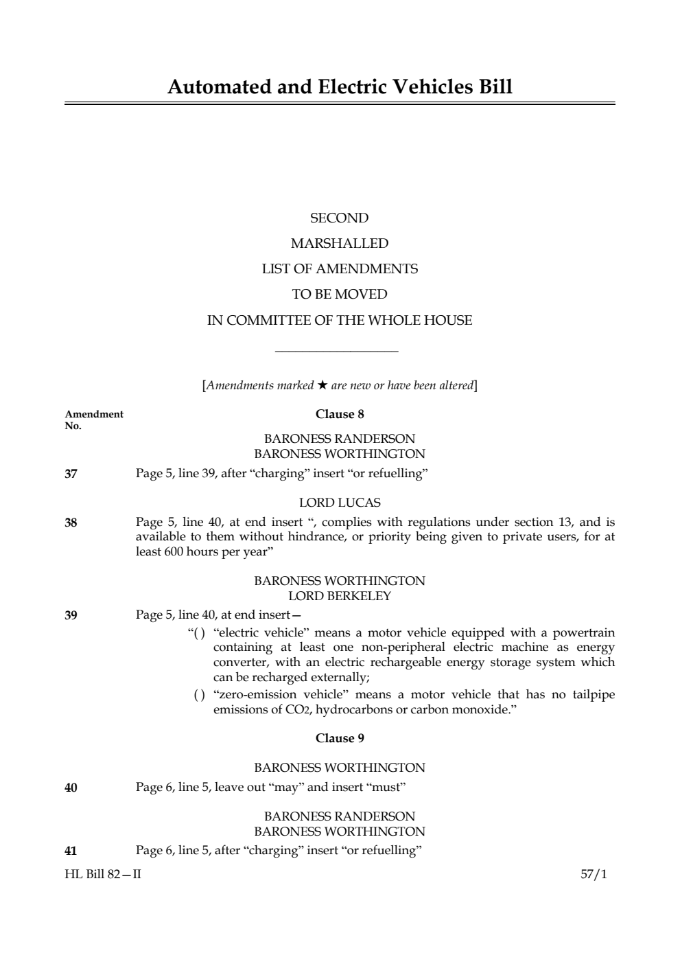 Automated and Electric Vehicles Bill 2nd Marshalled list of amendments to be moved in Committee of the Whole House