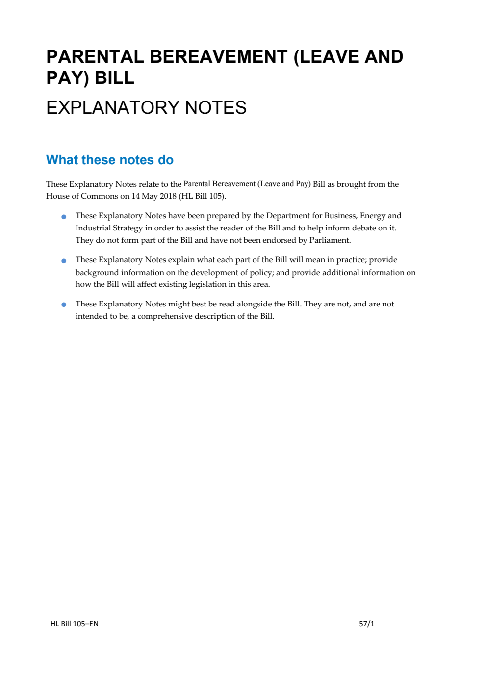 Parental Bereavement (Leave and Pay) Bill Explanatory Notes