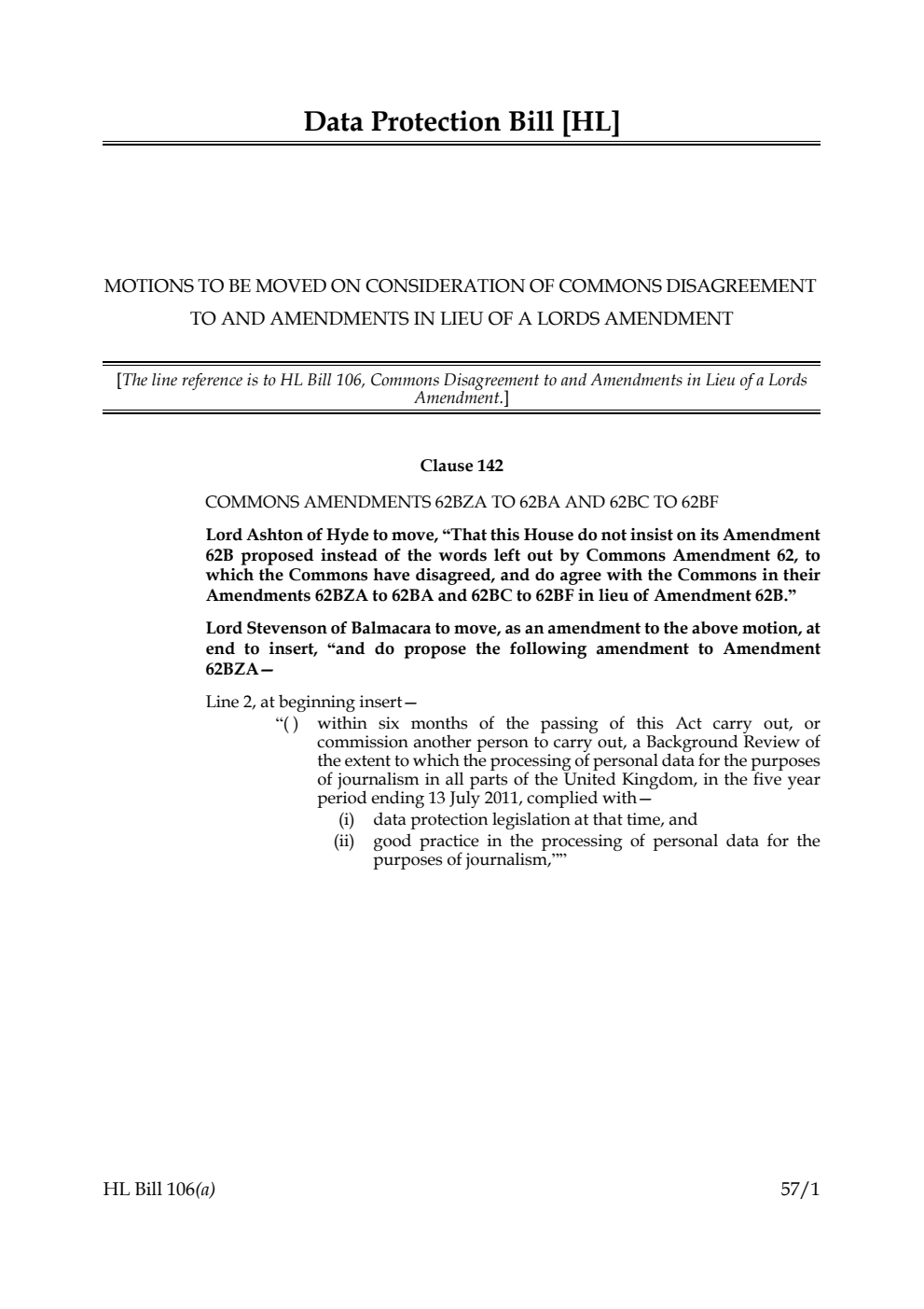 Data Protection Bill Motions to be moved on consideration of Commons disagreement to and amendments in lieu of a Lords amendment