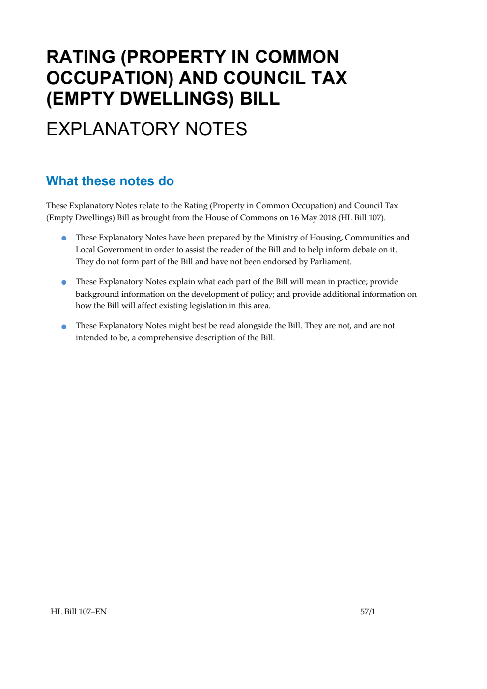 Rating (Property in Common Occupation) and Council Tax (Empty Dwellings) Bill Explanatory Notes