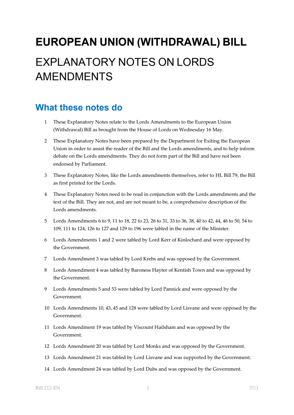 European Union (Withdrawal) Bill Explanatory Notes on Lords amendments