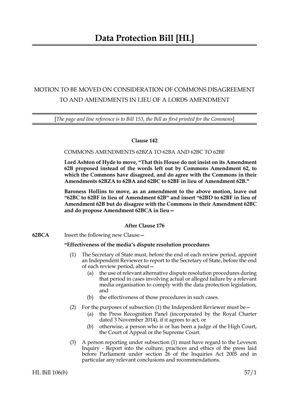 Data Protection Bill Motion to be moved on consideration of Commons disagreement to and amendments in lieu of a Lords amendment