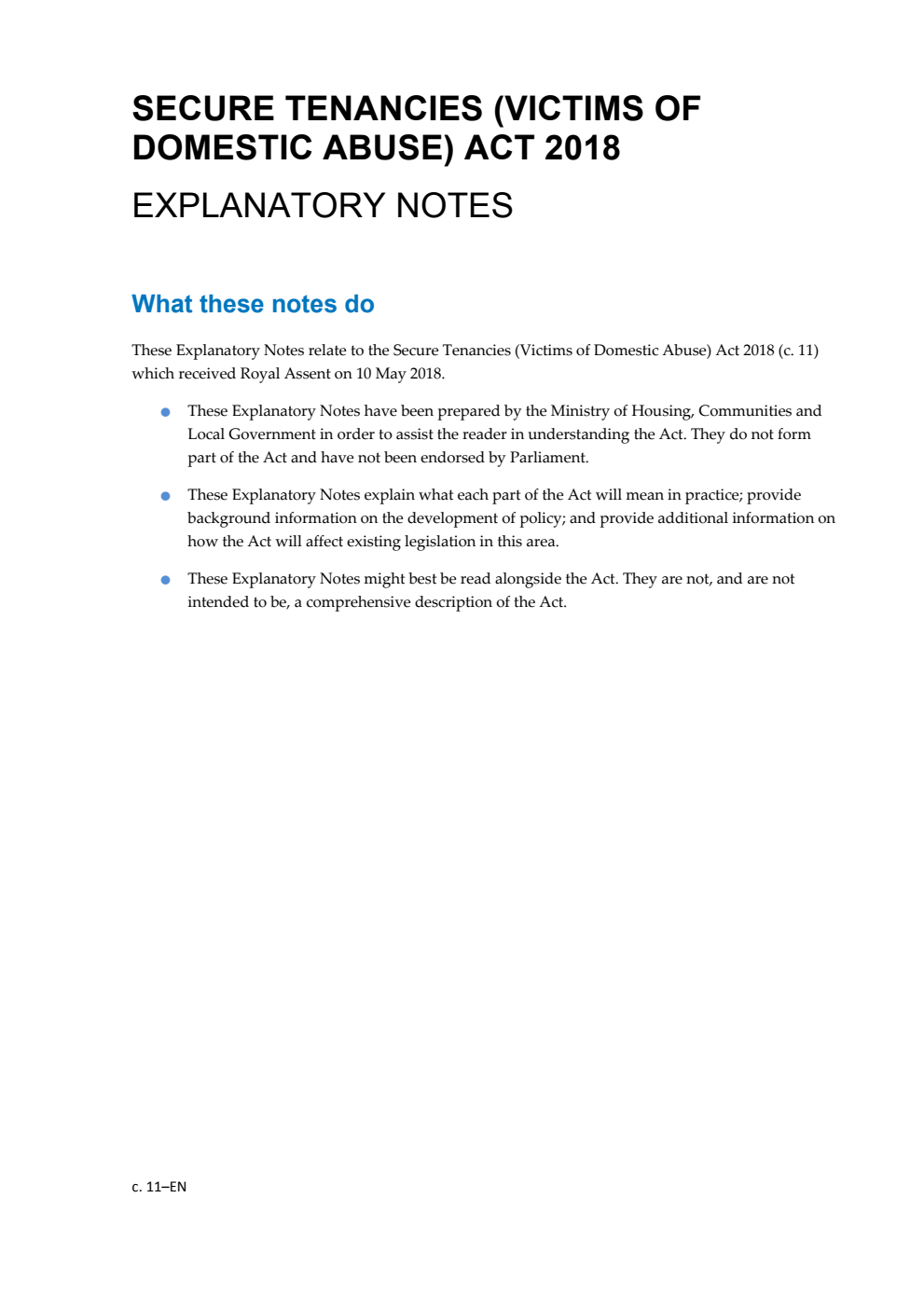 Secure Tenancies (Victims of Domestic Abuse) Act 2018 Chapter 11 Explanatory Notes