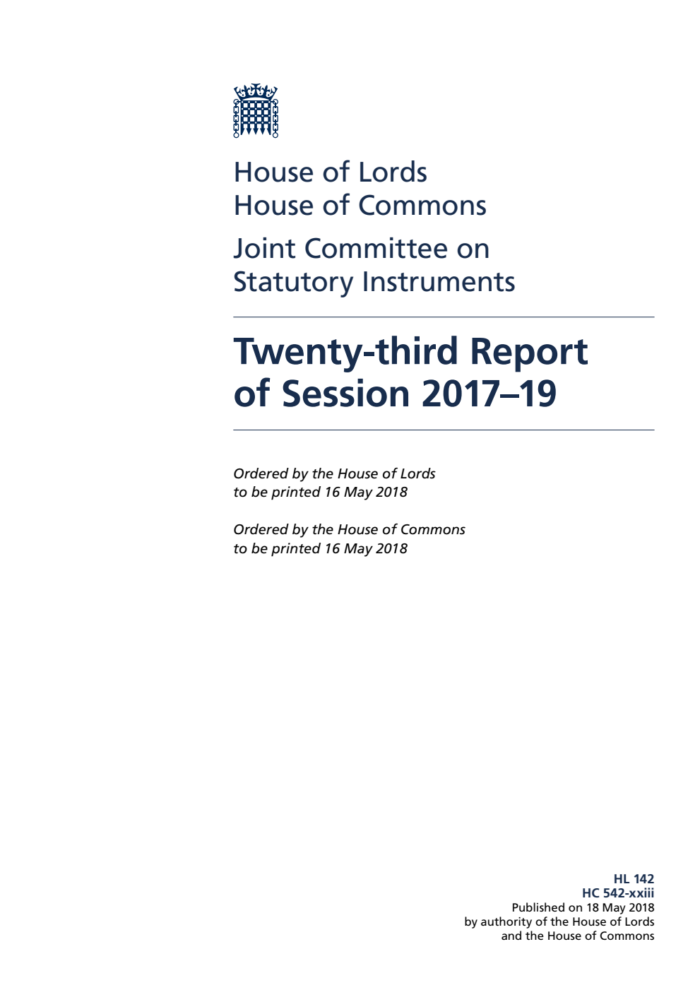 Statutory Instruments Joint Committee 23rd Report of Session 2017–19