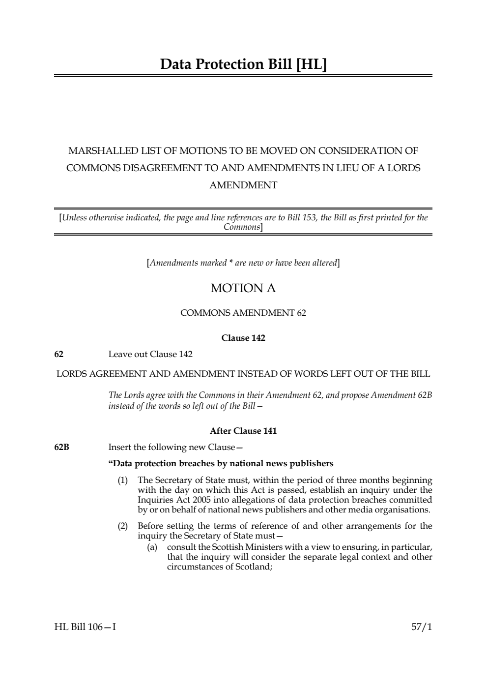 Data Protection Bill Marshalled list of motions to be moved on consideration of Commons disagreement to and amendments in lieu of a Lords amendment