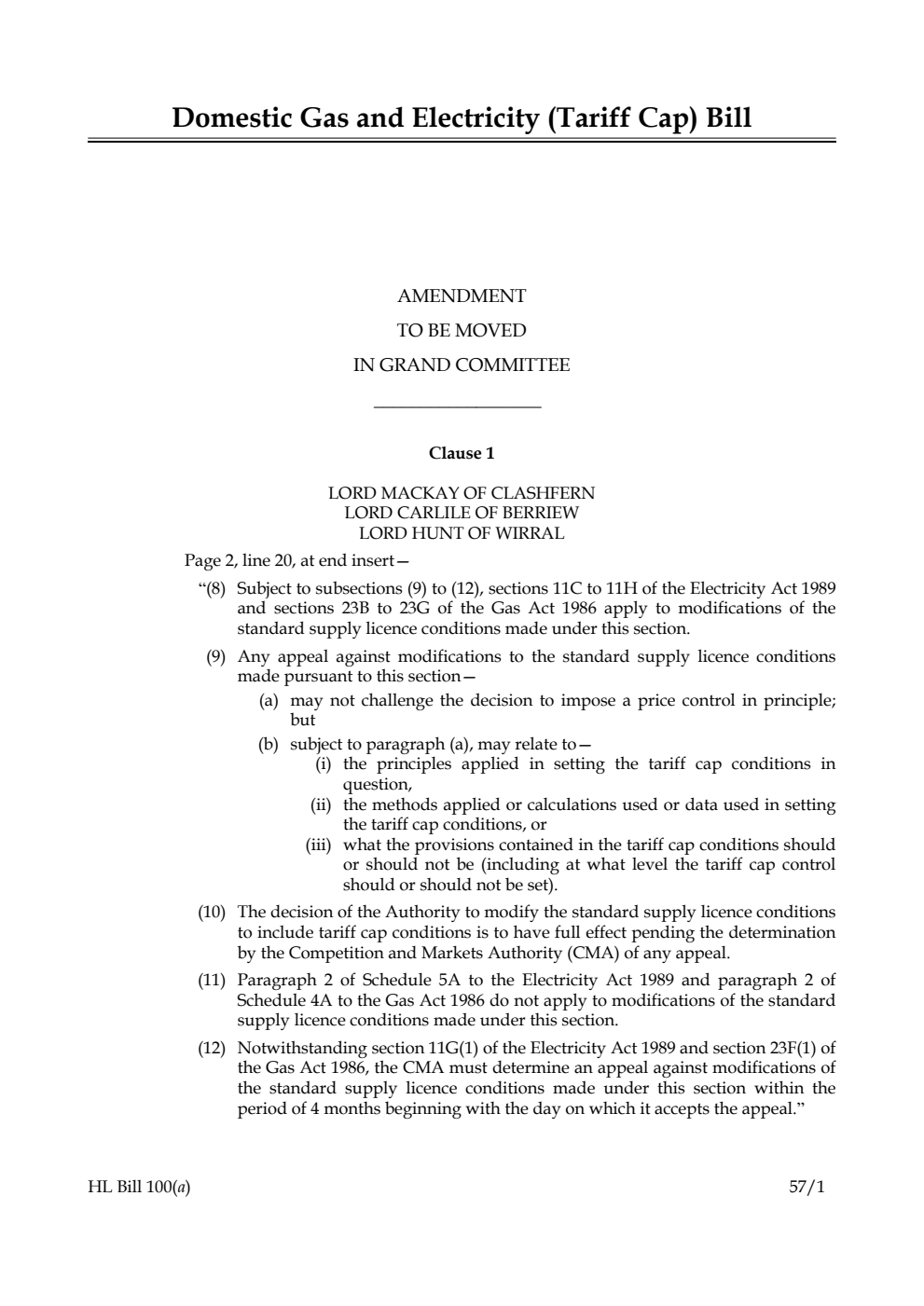 Domestic Gas and Electricity (Tariff Cap) Bill Amendment to be moved in Grand Committee