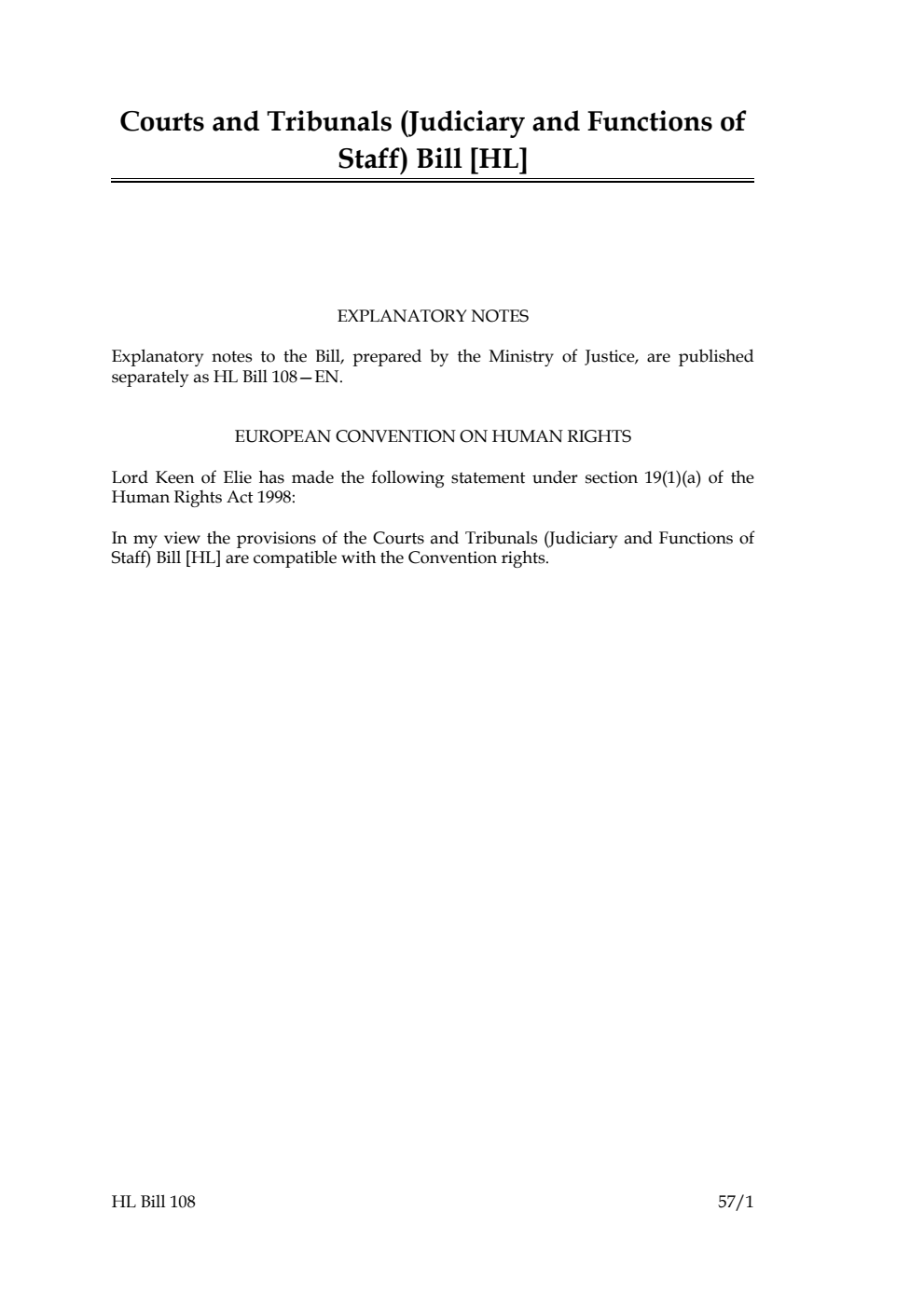 Courts and Tribunals (Judiciary and Functions of Staff) Bill