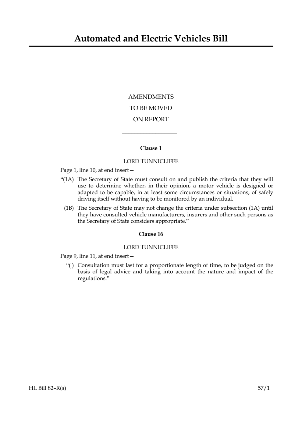 Automated and Electric Vehicles Bill Amendments to be moved on report