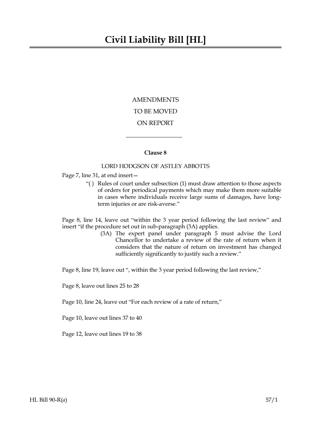 Civil Liability Bill Amendments to be moved on report