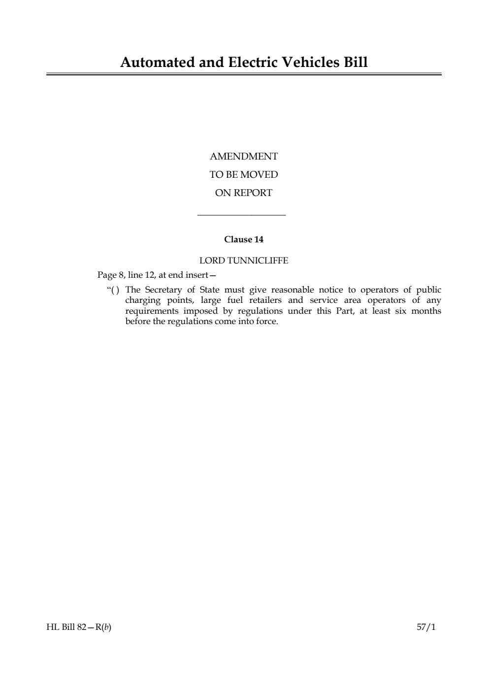 Automated and Electric Vehicles Bill Amendment to be moved on report