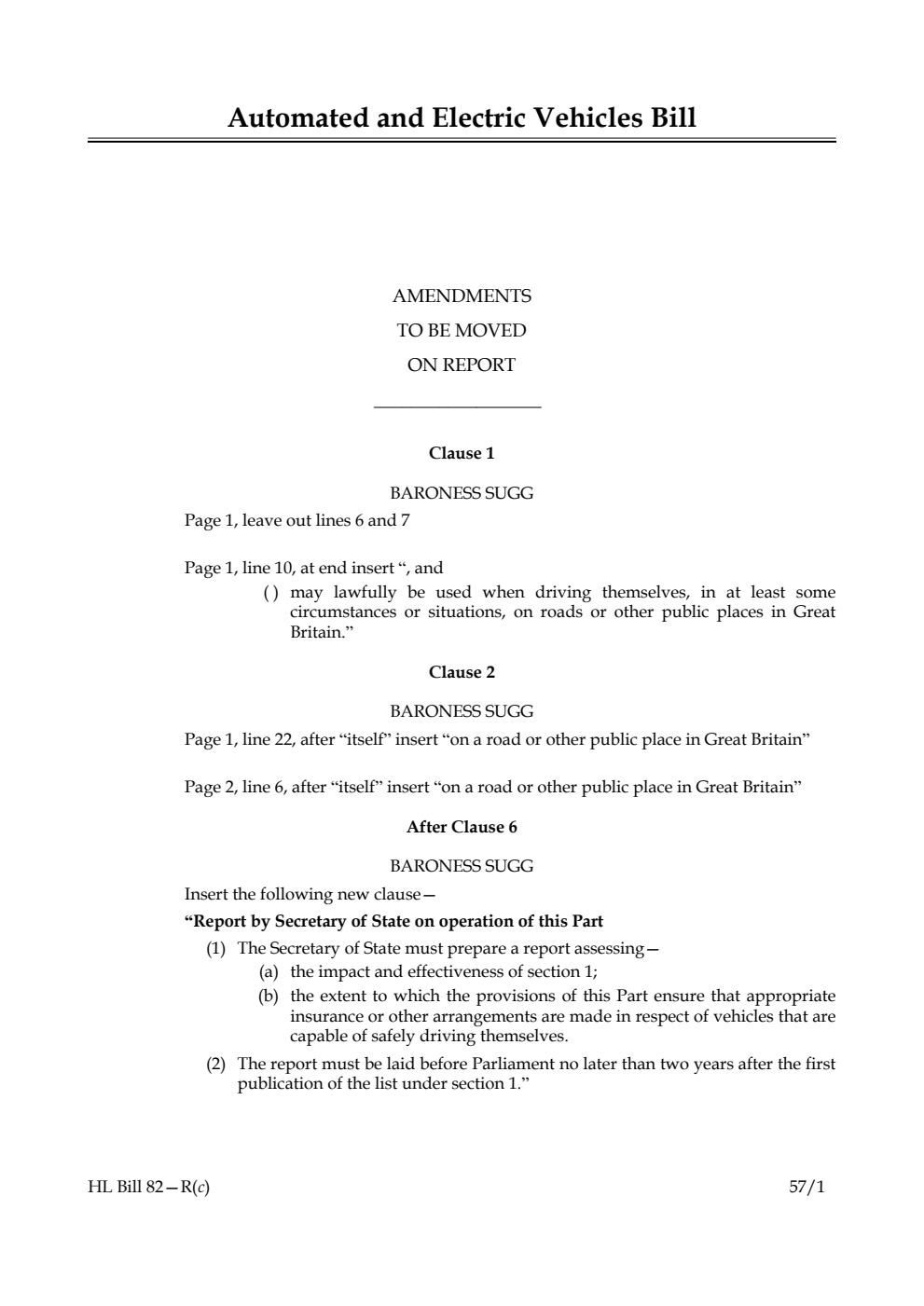Automated and Electric Vehicles Bill Amendments to be moved on report