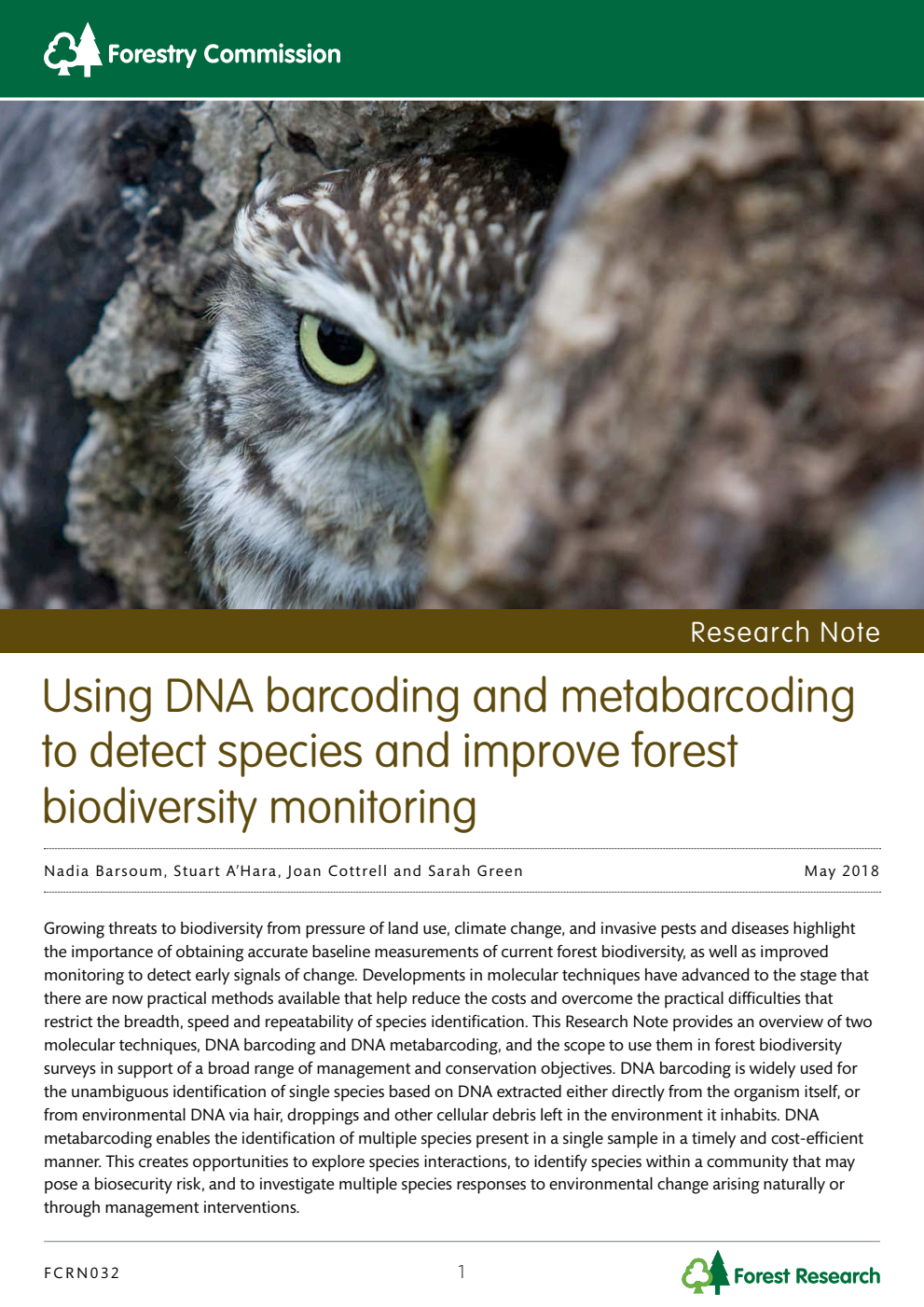 Forestry Commission Research Note 032 Using DNA barcoding and metabarcoding to detect species and improve forest biodiversity monitoring