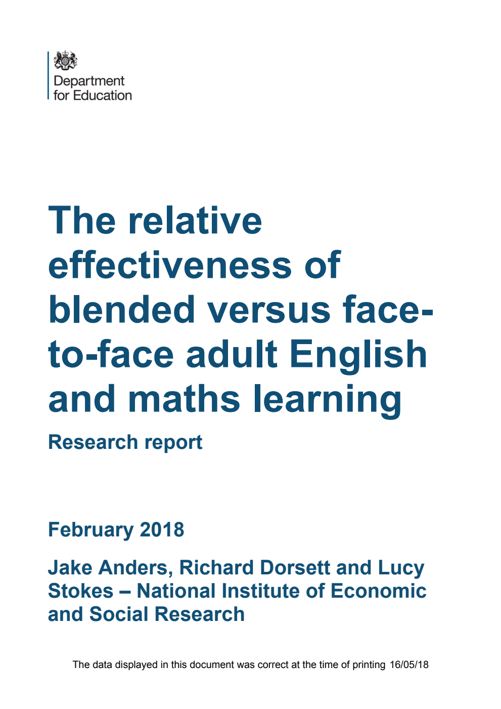 DFE-RR794 The relative effectiveness of blended versus face-to-face adult English and maths learning