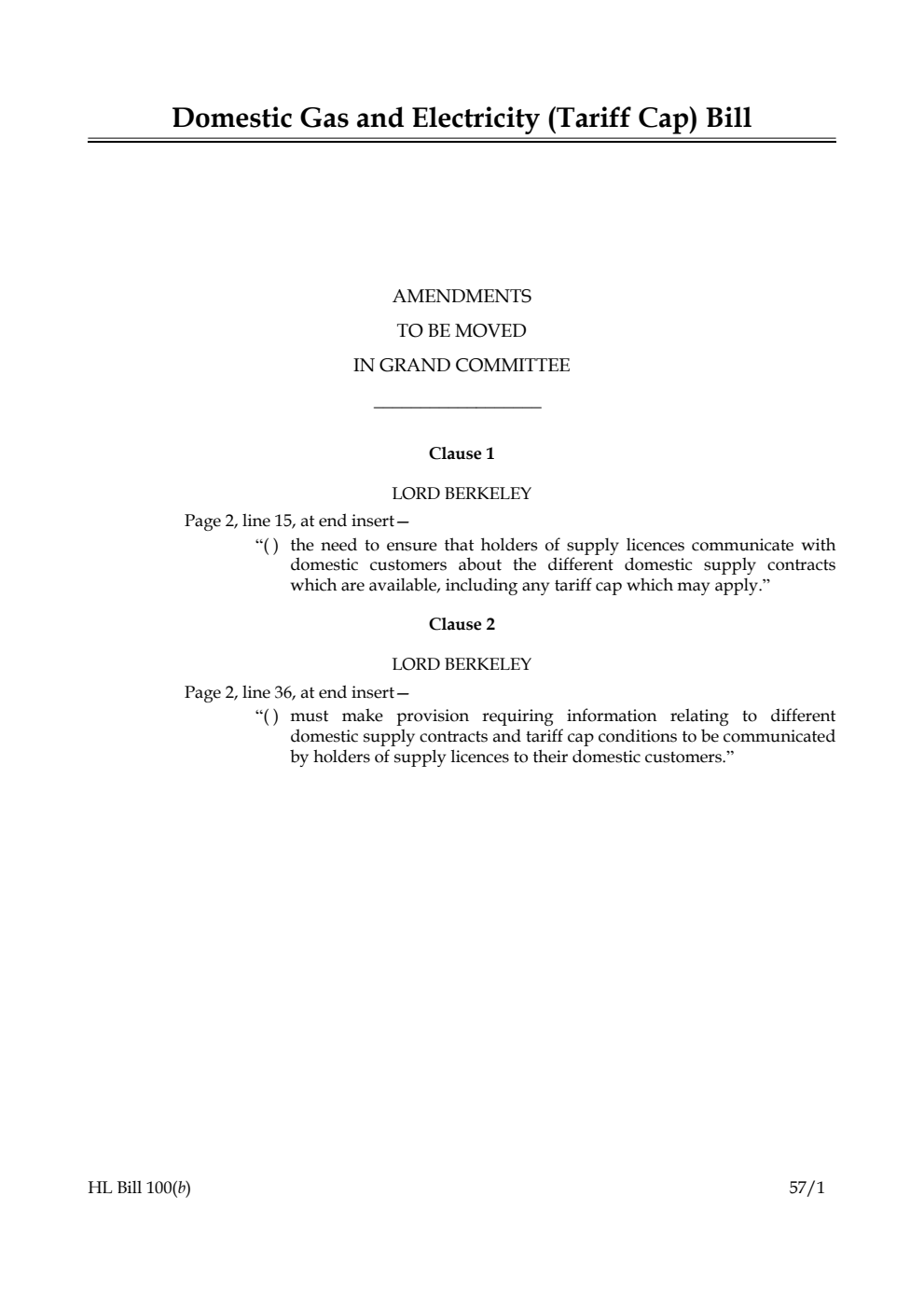 Domestic Gas and Electricity (Tariff Cap) Bill Amendments to be moved in Grand Committee