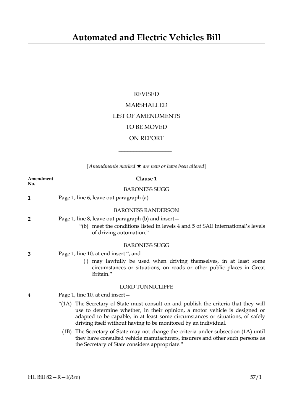 Automated and Electric Vehicles Bill Revised marshalled list of amendments to be moved on report
