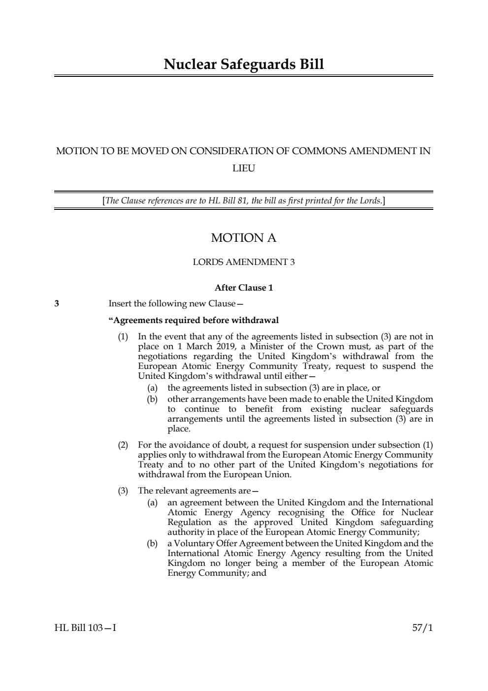 Nuclear Safeguards Bill Motion to be moved on consideration of Commons amendment in lieu