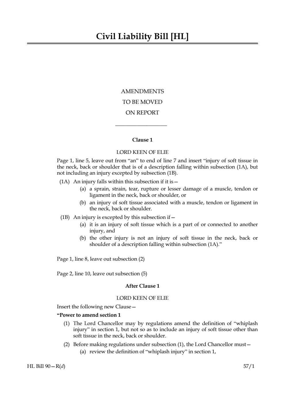 Civil Liability Bill Amendments to be moved on report