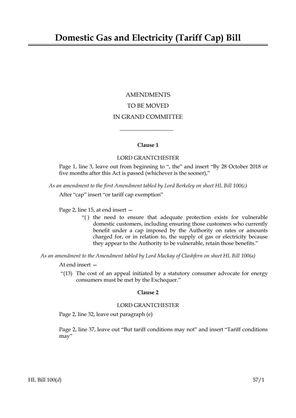 Domestic Gas and Electricity (Tariff Cap) Bill Amendments to be moved in Grand Committee