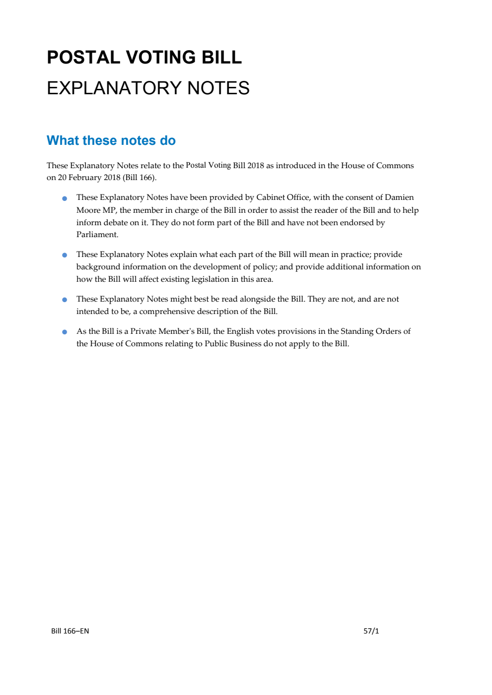 Postal Voting Bill Explanatory Notes