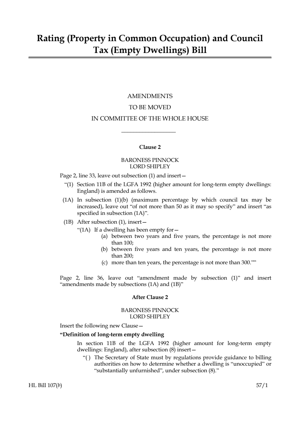 Rating (Property in Common Occupation) and Council Tax (Empty Dwellings) Bill Amendments to be moved in Committee of the Whole House