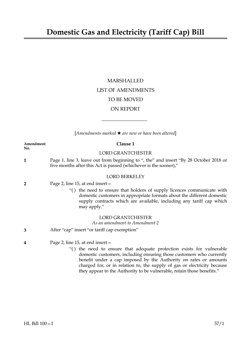 Domestic Gas and Electricity (Tariff Cap) Bill Marshalled list of amendments to be moved on report