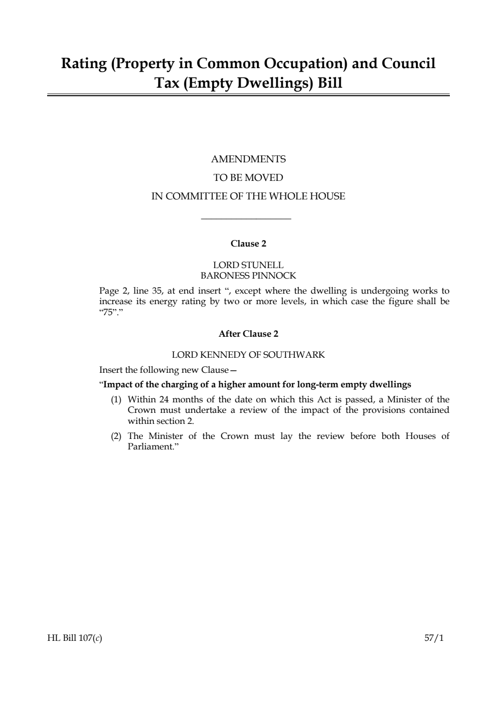 Rating (Property in Common Occupation) and Council Tax (Empty Dwellings) Bill Amendments to be moved in Committee of the Whole House