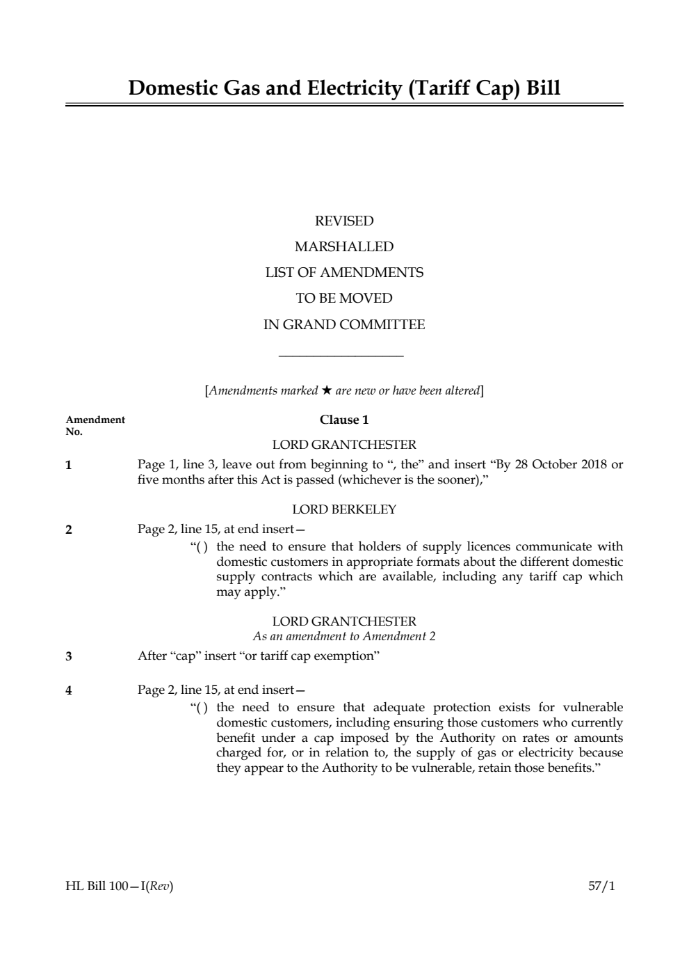 Domestic Gas and Electricity (Tariff Cap) Bill Revised marshalled list of amendments to be moved in Grand Committee