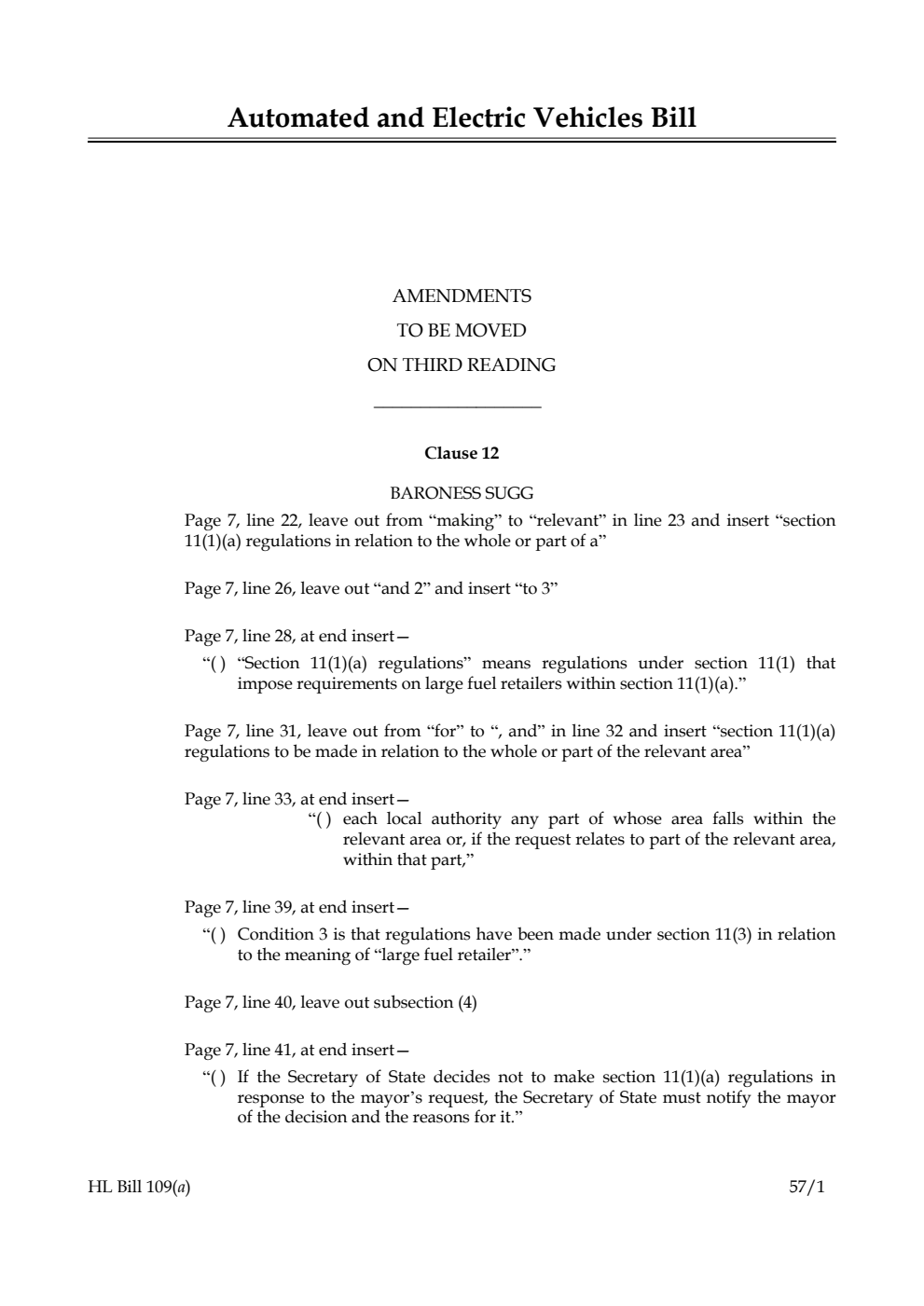 Automated and Electric Vehicles Bill Amendments to be moved on third reading