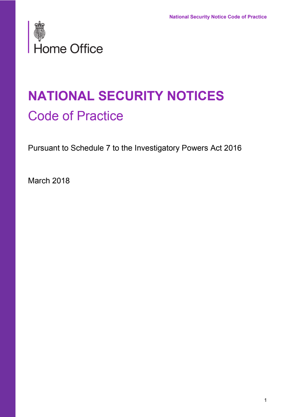 Home Office. National Security Notices Code of Practice. March 2018