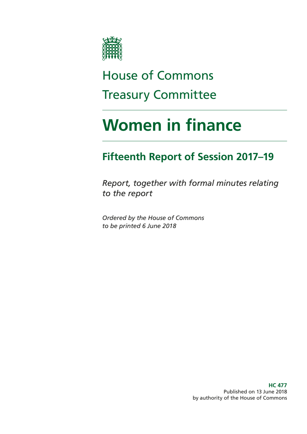 Treasury Committee 15th Report. Women in finance Volume 1. Report