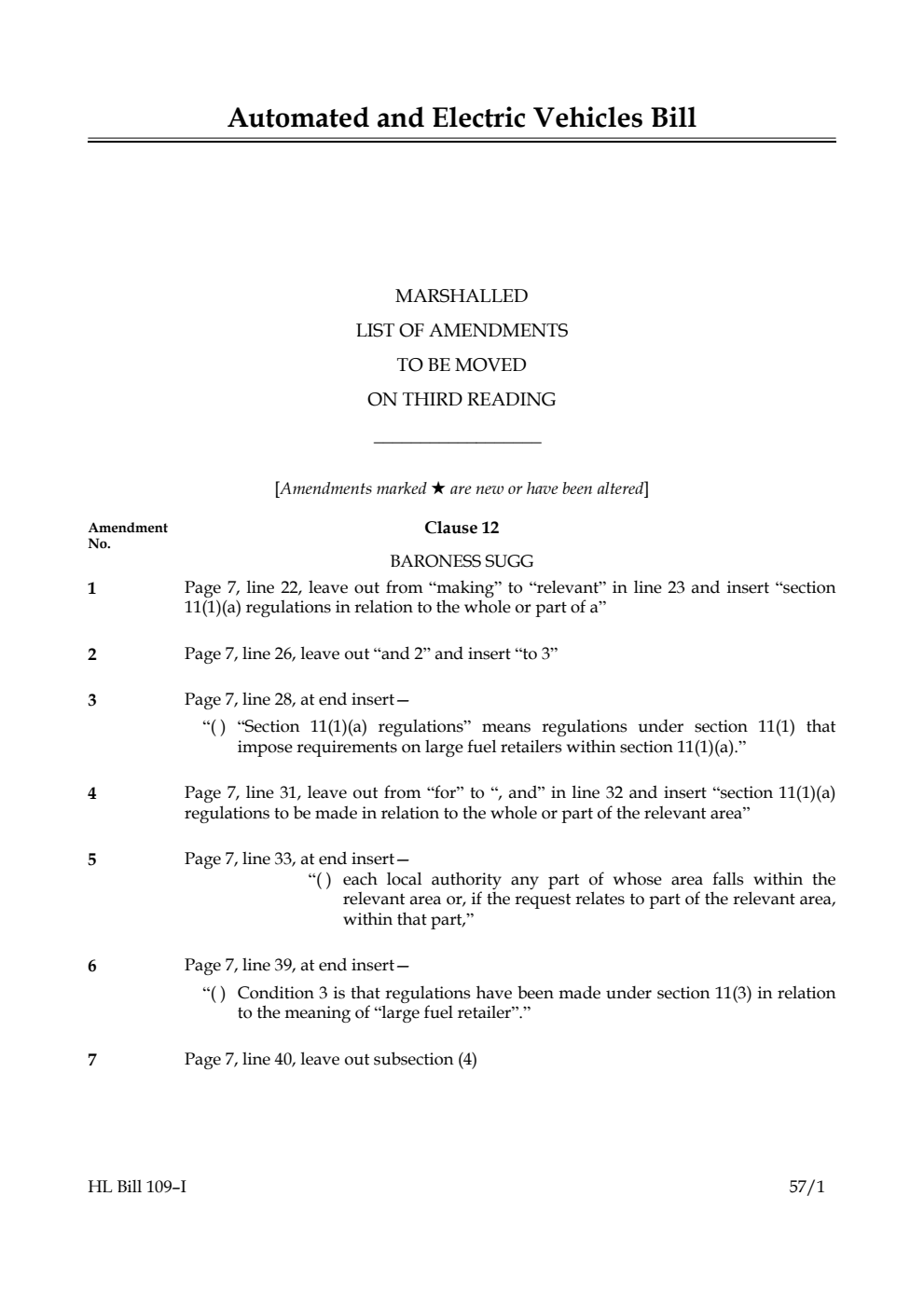 Automated and Electric Vehicles Bill Marshalled list of amendments to be moved on third reading