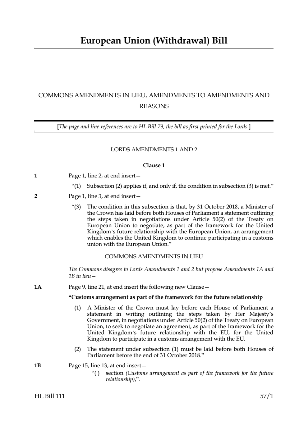 European Union (Withdrawal) Bill Commons amendments in lieu, amendments to amendments and reasons