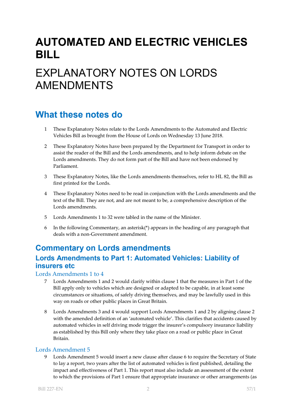 Automated and Electric Vehicles Bill Explanatory Notes on Lords amendments