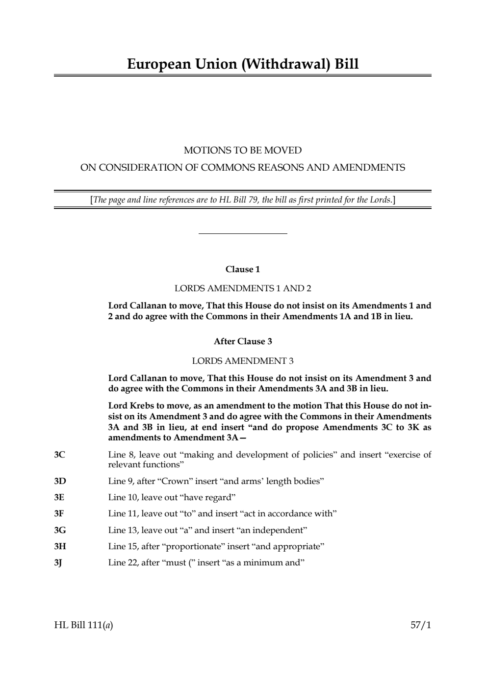 European Union (Withdrawal) Bill Motions to be moved on consideration of Commons reasons and amendments